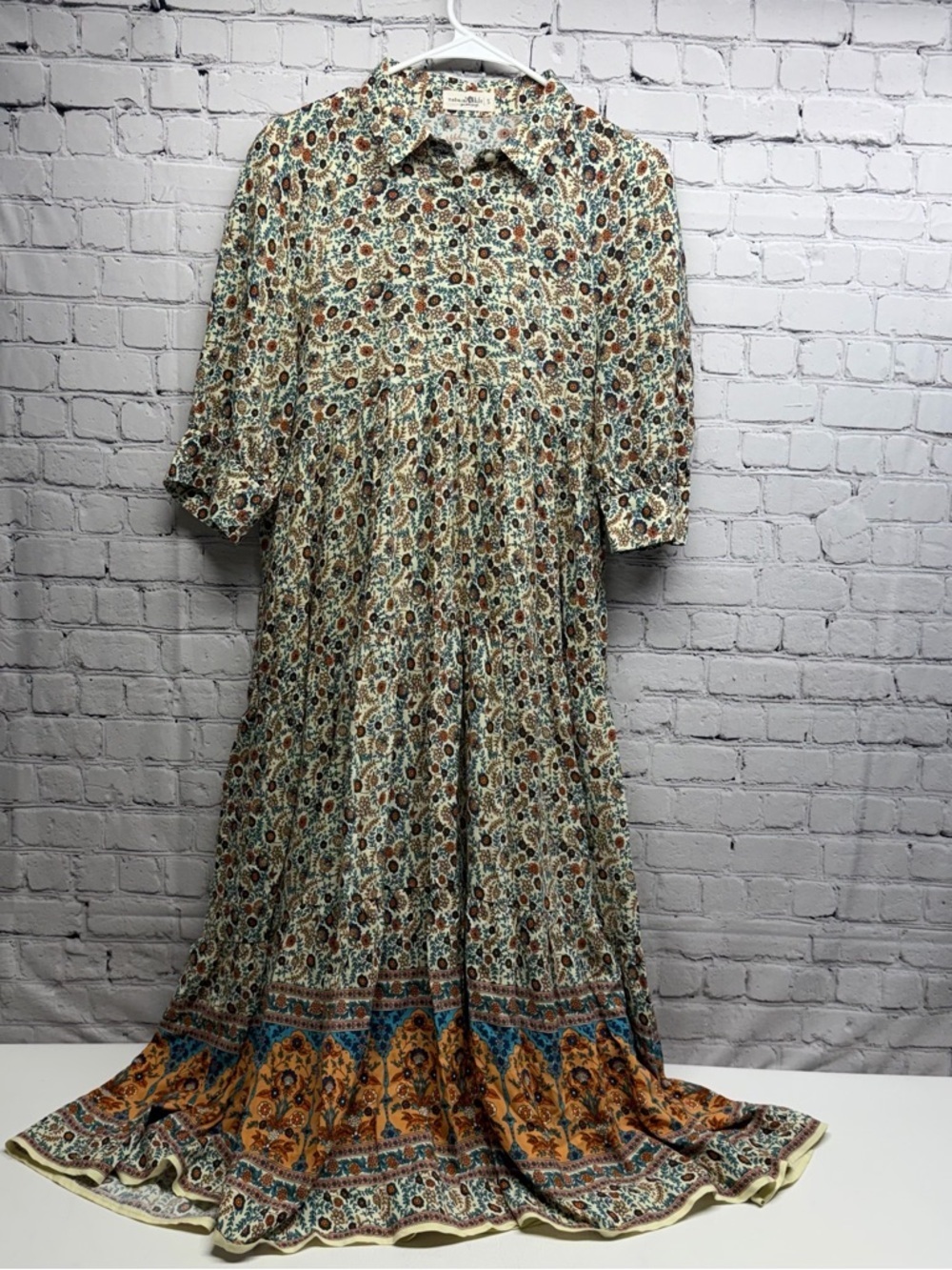 NATURAL LIFE Floral bohemian Maxi Dress in Cream, Blue & Brown size small